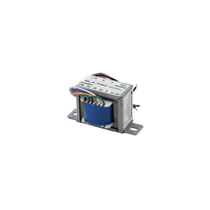 OMNITRONIC ELA-T20 Transformer 20 W For amplifiers or speakers without built-in 100 V audio transformer Converts low-impedance signals into 100 V signals 5 power taps Frequency range: 40-17000 kHz Power: 20 W RMS Primary: 4/8/16 ohms Seconda